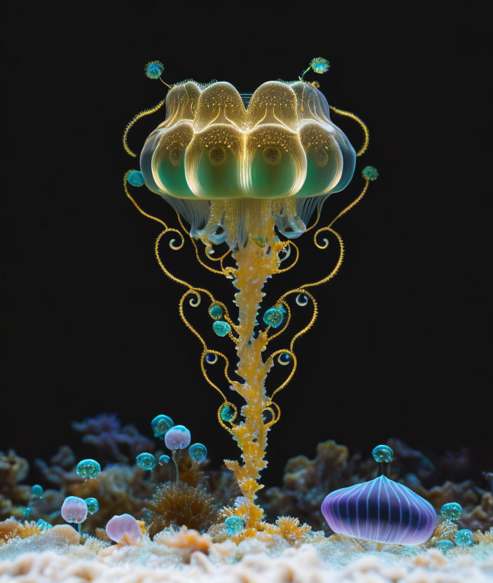 Bioluminescent jellyfish and vibrant coral bed with marine life