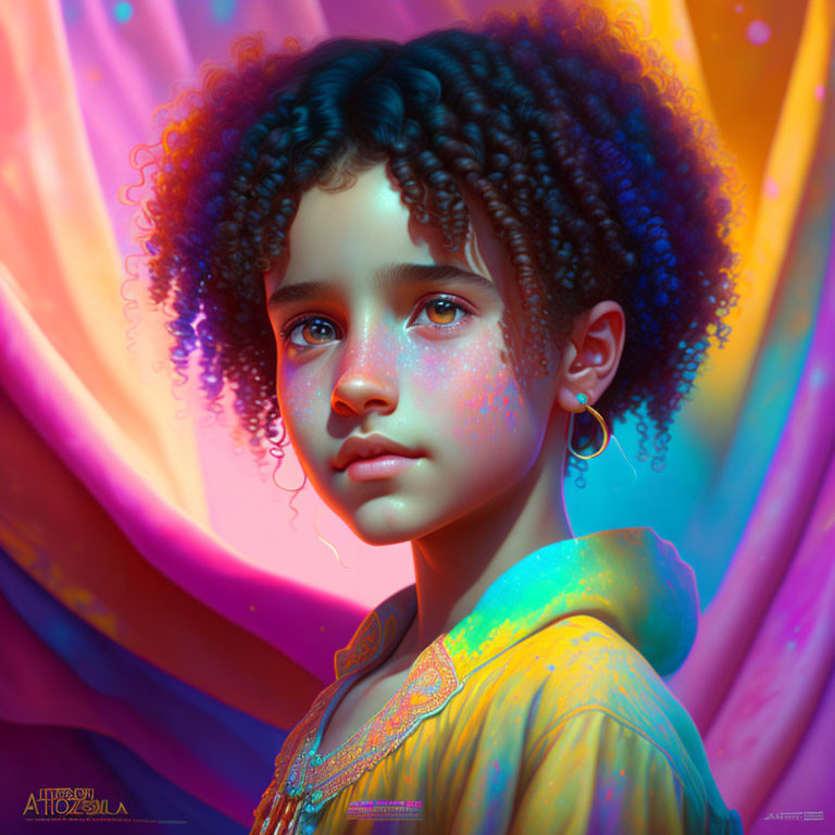 Colorful digital artwork: Young person with curly hair and earring in neon swirl background