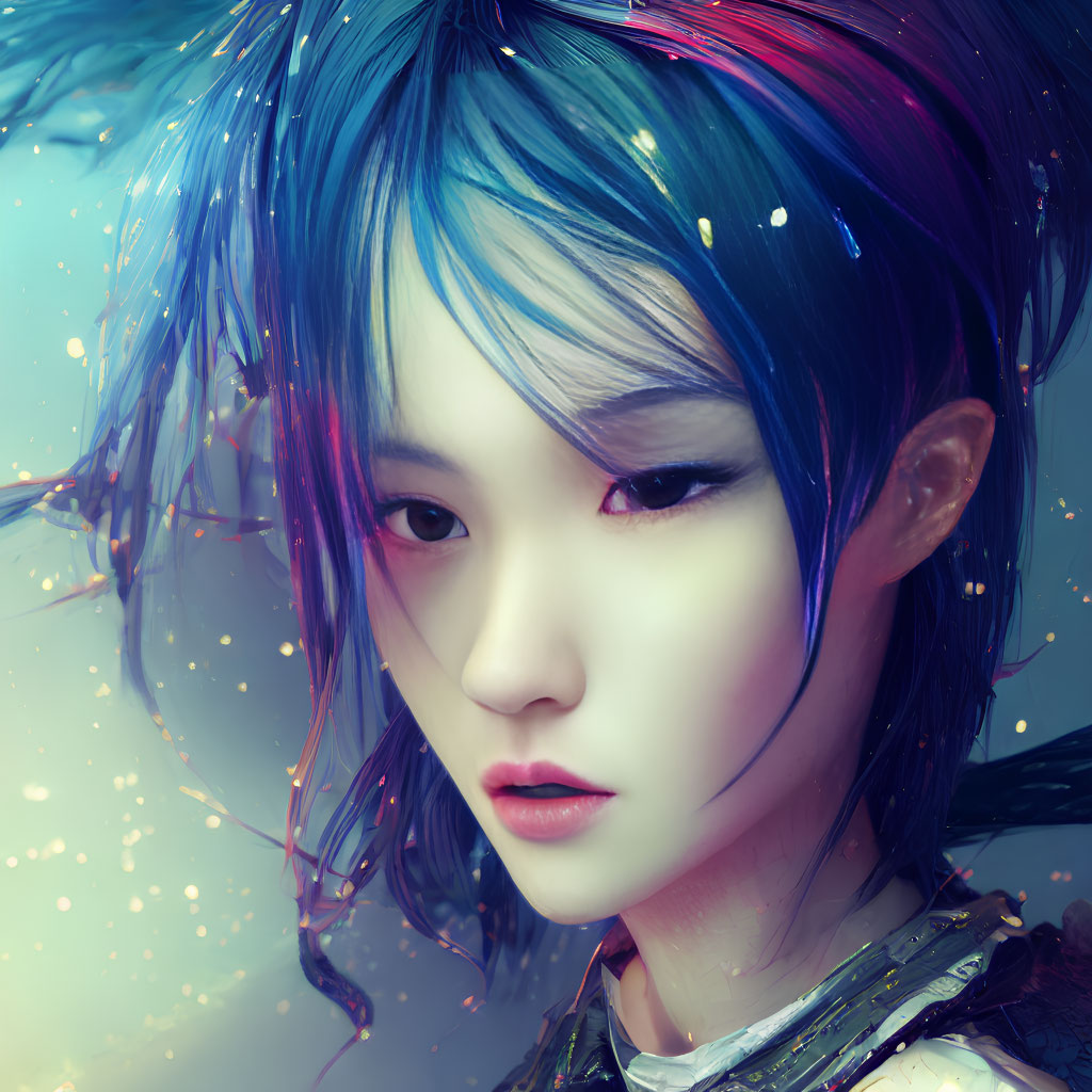 Multicolored hair digital portrait with ethereal features