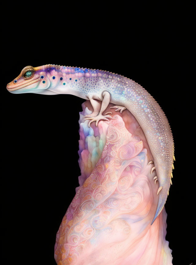 Pastel-colored patterned gecko on swirling surface against black background