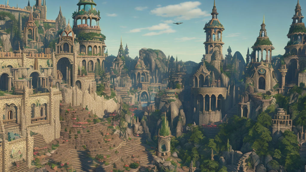 Ancient city with ornate towers, archways, verdant hills, and eagle in clear sky