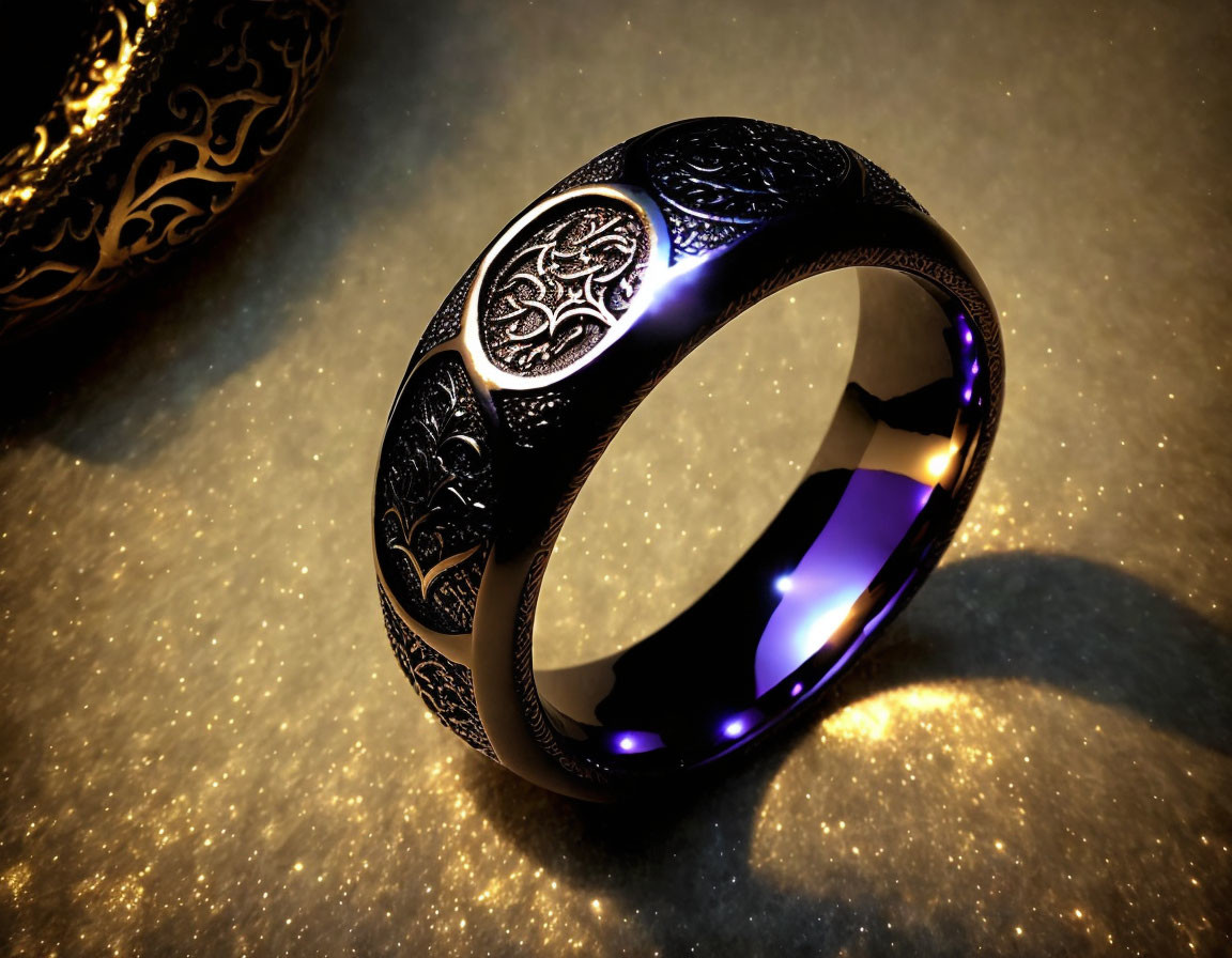 Intricate Black and Silver Ring on Glittering Gold Surface