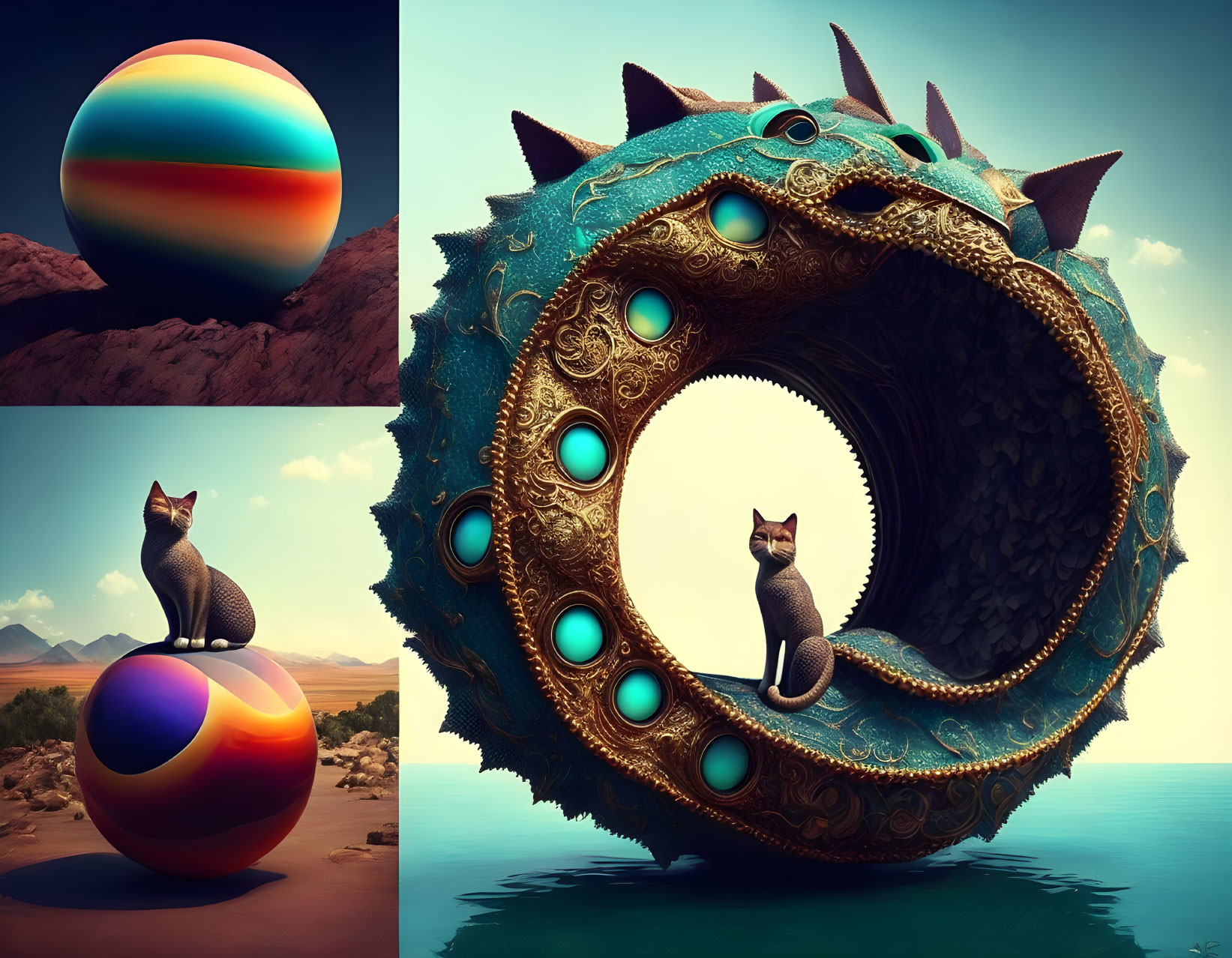 Surreal artwork featuring cat on colorful sphere in desert and ornate circular frame with giant, spi