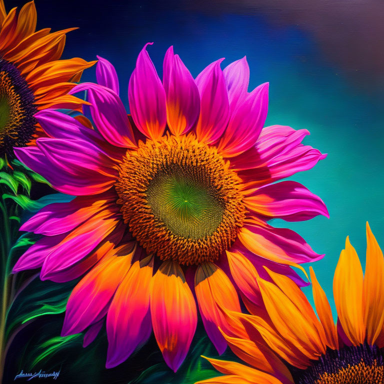 Colorful sunflower painting on blue background with artist's signature