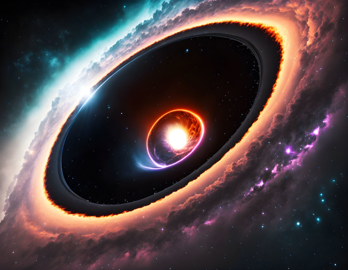 Vibrant space scene: Large black hole, glowing accretion disks, distant stars