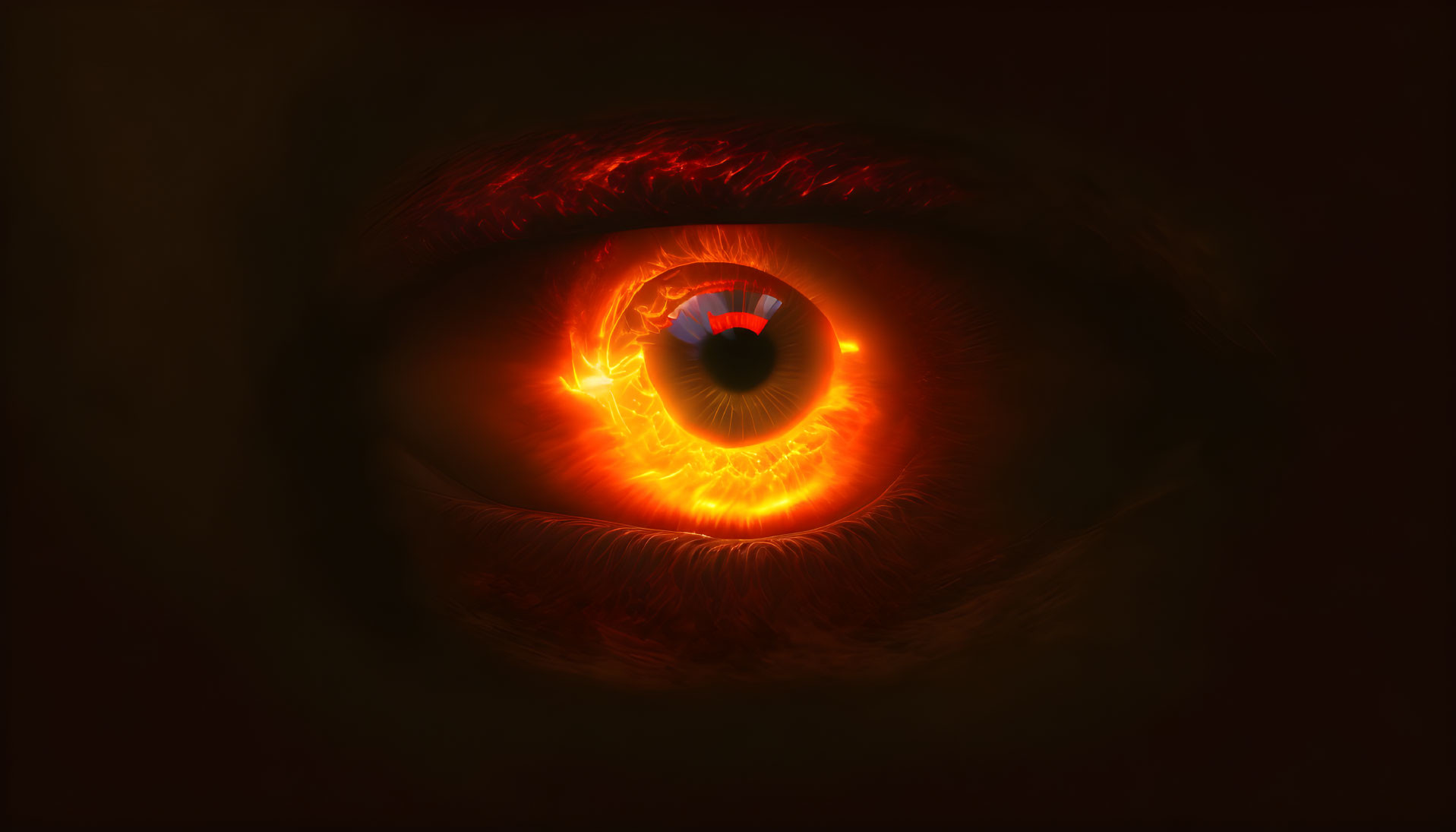 Fiery red illuminated eye on dark background