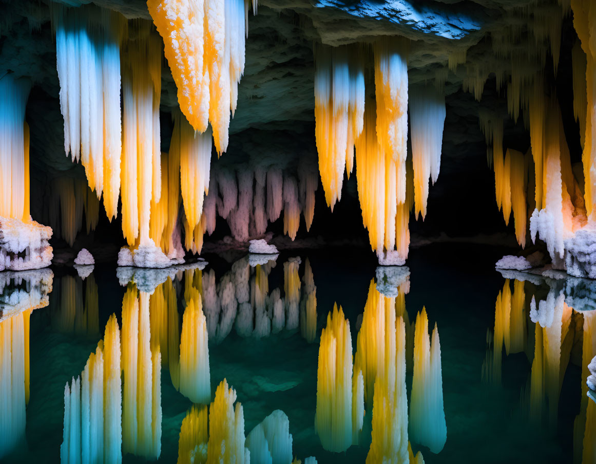 Tranquil cave with elongated yellowish stalactites over still water