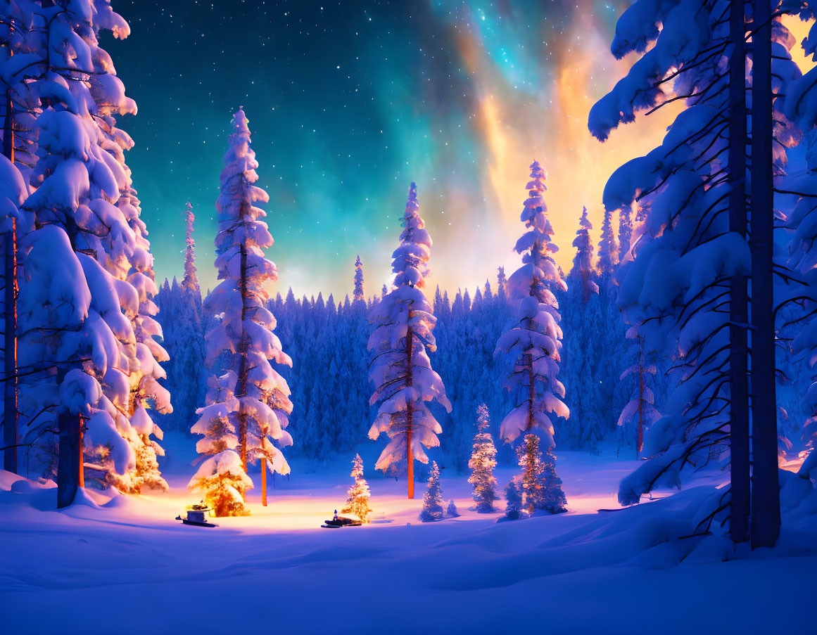 Snowy Night Landscape: Snow-Covered Trees & Northern Lights