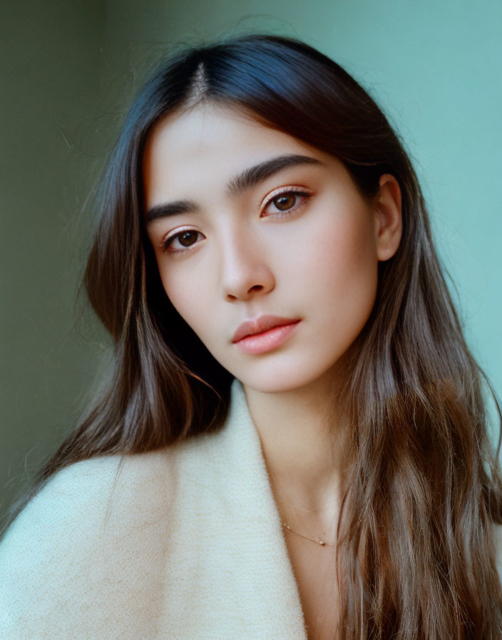 Portrait of Woman with Long Brown Hair and Strong Eyebrows in Beige Outfit