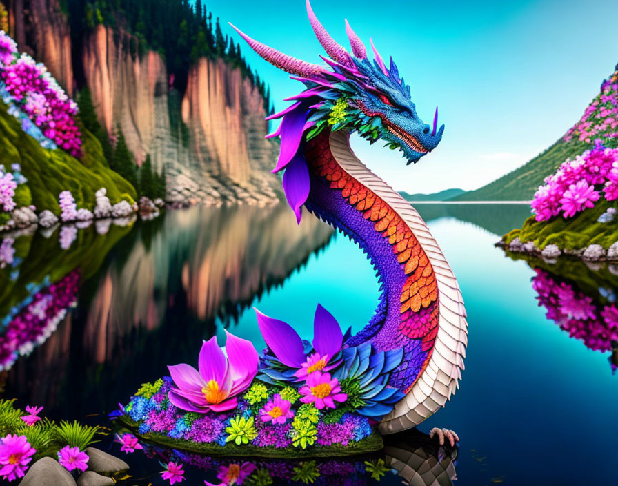 Colorful Dragon Emerges from Flower-Covered Island in Serene Lake