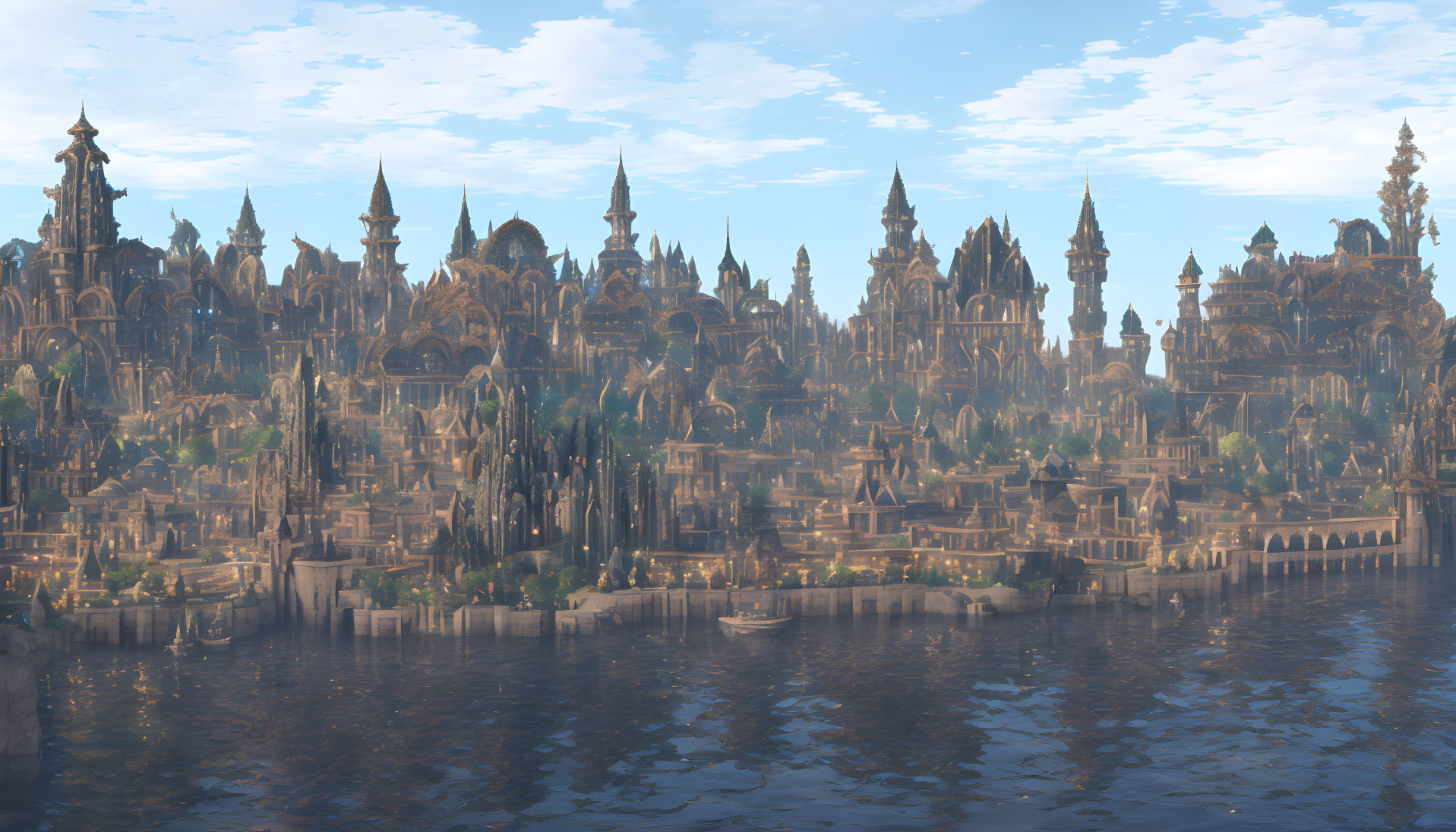 Fantasy cityscape with ornate spires and calm waters