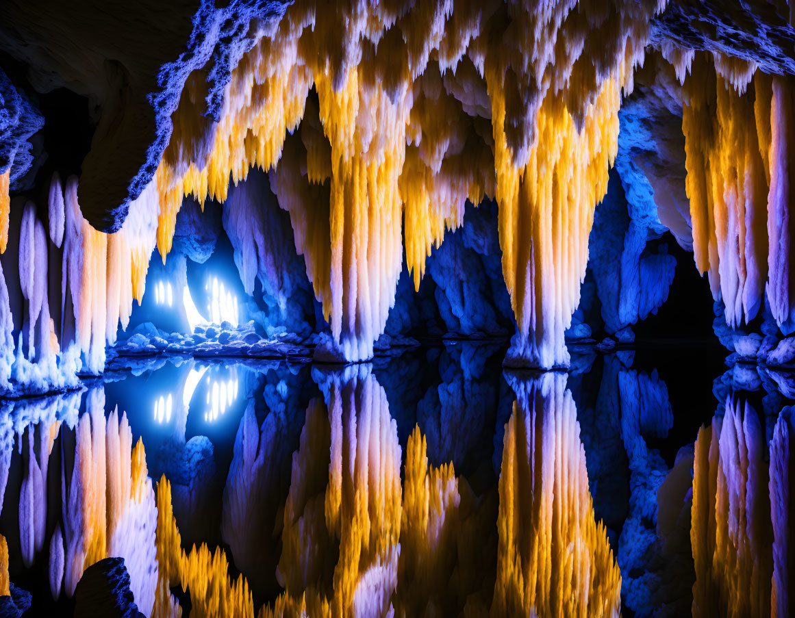 Illuminated Cave with Vibrant Blue Lights and Stalactite Reflections