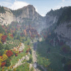 Serene landscape with towering cliffs, meandering river, autumn-colored forest, and cloudy sky