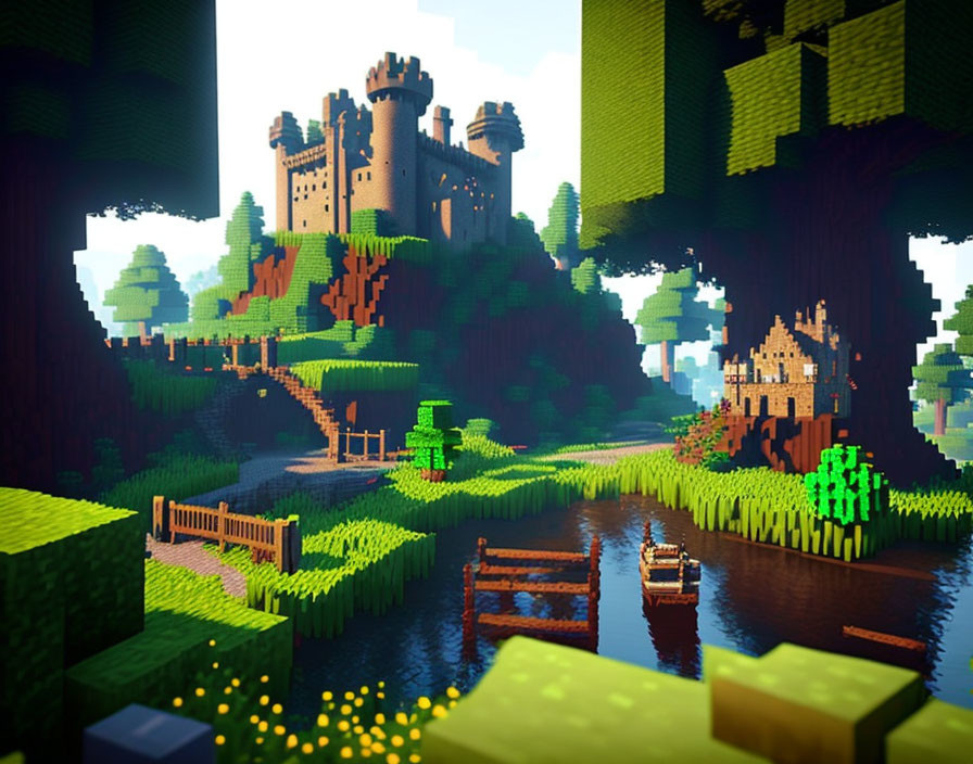 Vibrant pixelated castle landscape with river and rowboat