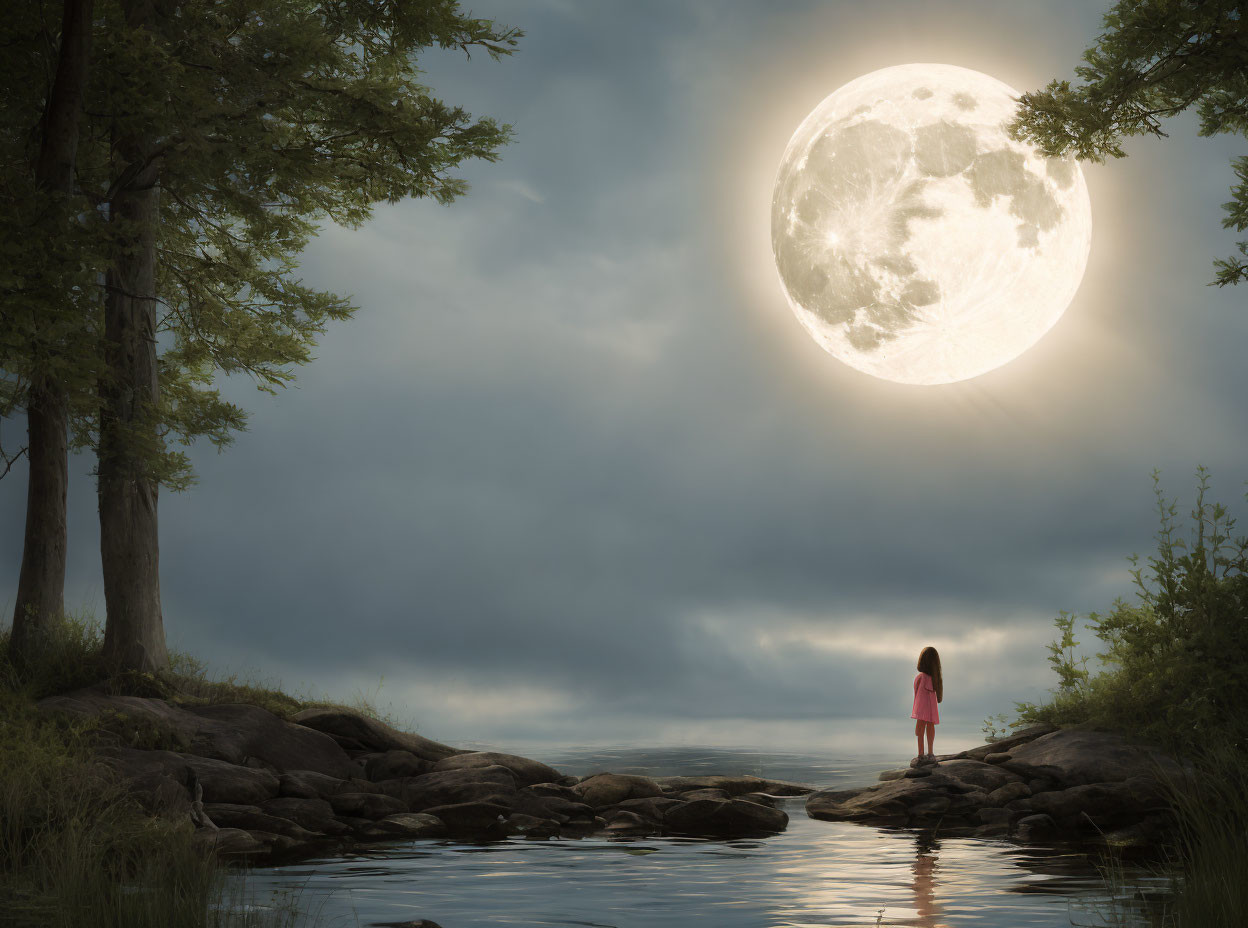 Person standing under large full moon on lakeshore amidst trees and rocky terrain