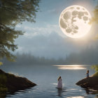 Person standing under large full moon on lakeshore amidst trees and rocky terrain