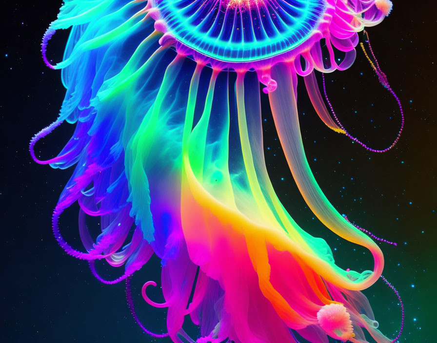 Colorful neon jellyfish digital art on dark background