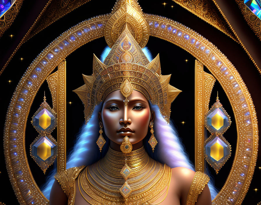 Majestic regal figure with golden crown and jewelry in ornate digital artwork