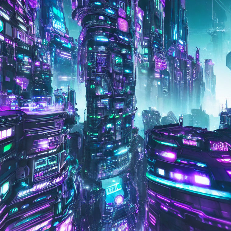 Futuristic neon-lit cityscape with cylindrical skyscrapers at twilight