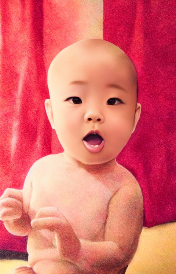 Surprised baby in front of red and yellow backdrop