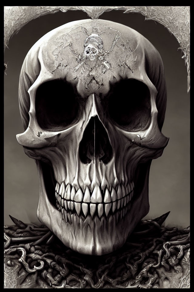 Grayscale human skull with pirate insignia, chains, and cobwebs