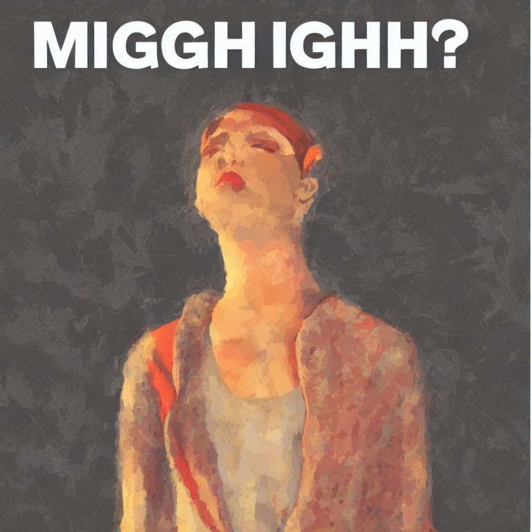 Abstract portrait with person looking upwards and text "MIGGH IGHH?