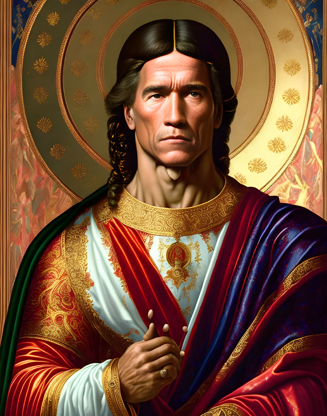 Stylized portrait of man with long dark hair in ornate historical attire