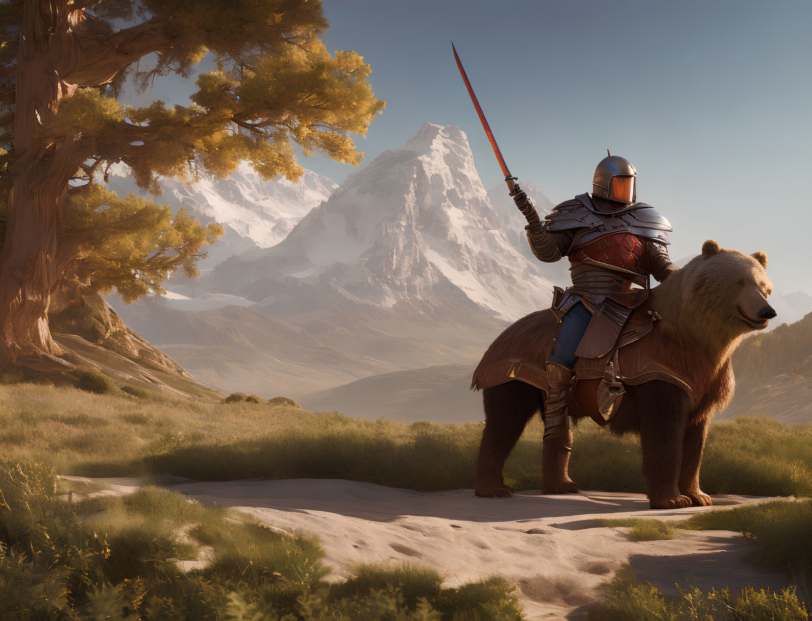 Knight in full armor riding bear in serene landscape