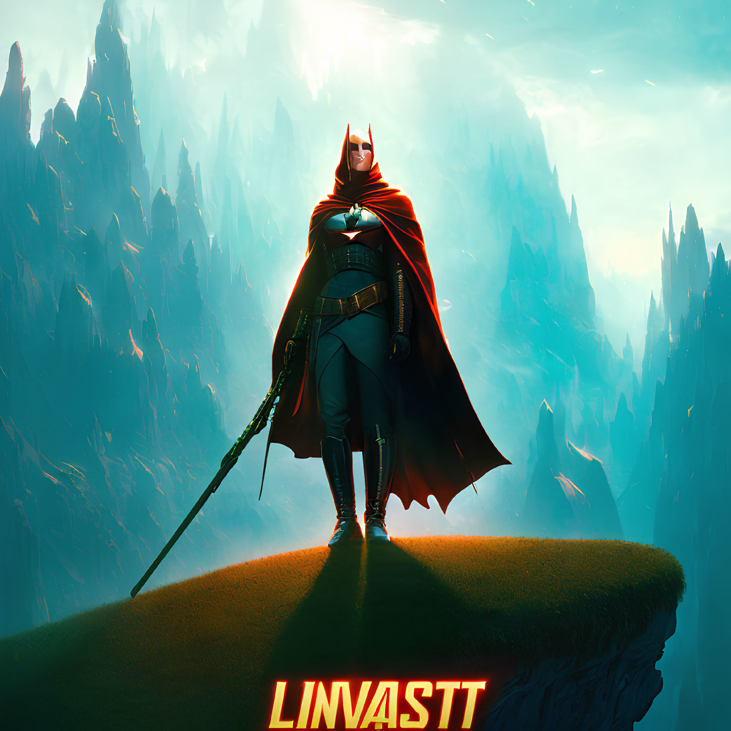 Superhero standing on cliff with dramatic sky, mountains, cape blowing, sword.