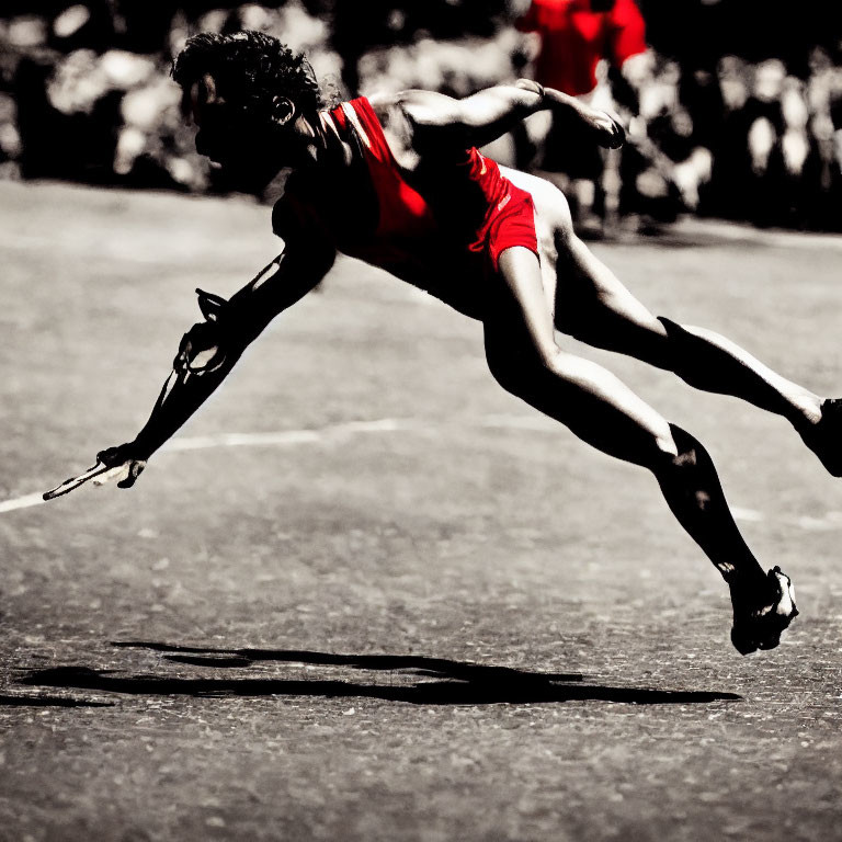 Athlete in Red Attire Lunging in Track Race with Selective Color Editing