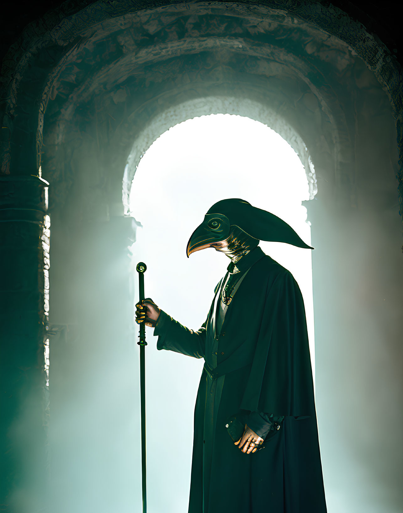 Plague doctor in beaked mask holding staff in misty hallway