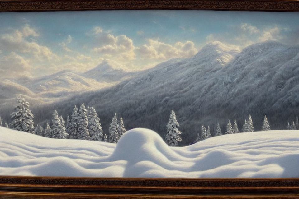 Snowy Landscape Painting with Evergreen Trees and Rolling Hills in Frame