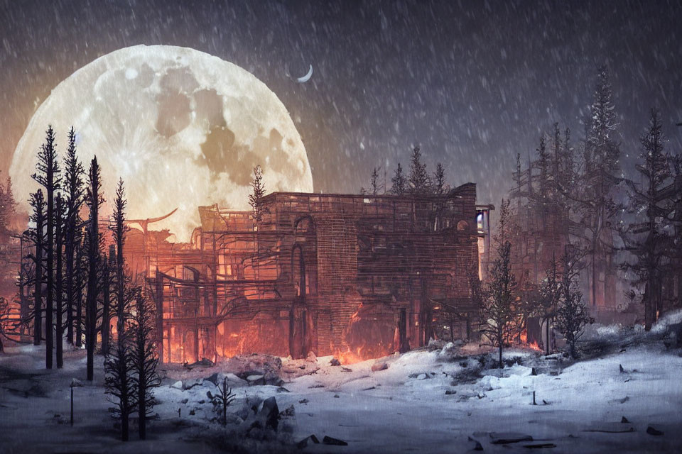 Full Moon Rising Behind Snowy Woods and Burning Structure