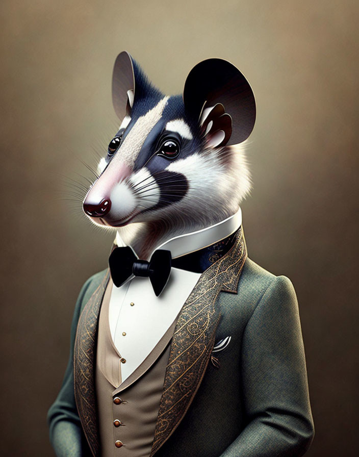 Formal suit-wearing possum in human body against dark background