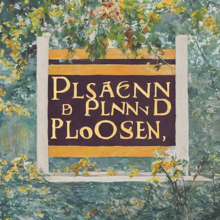 Sign with Indecipherable Text Surrounded by Green Leaves and Yellow Flowers