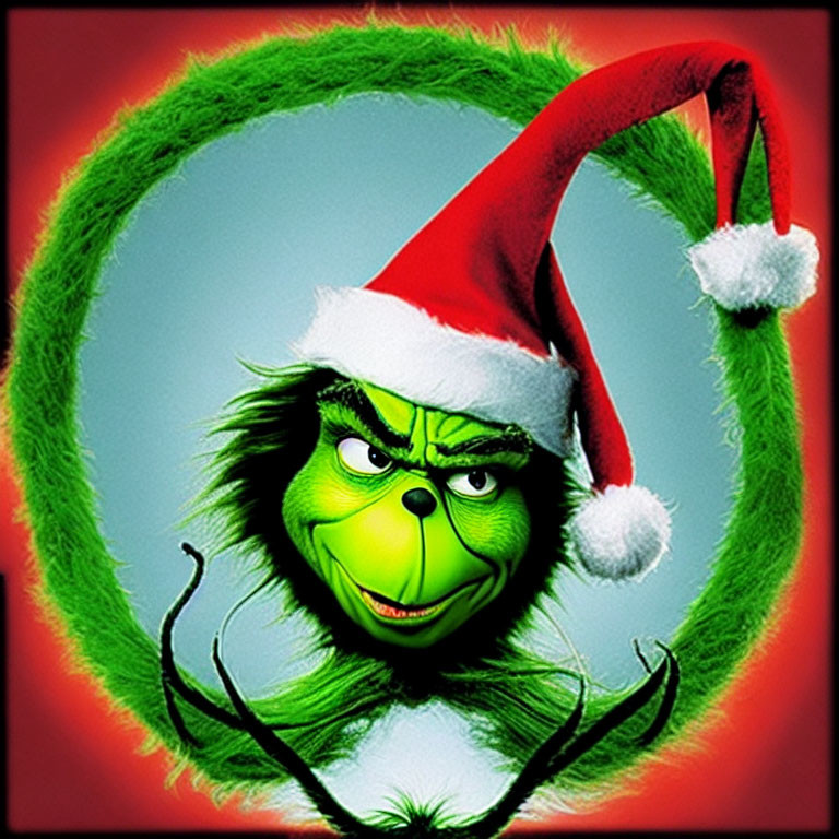 Stylized Grinch with Santa hat in green wreath on red background