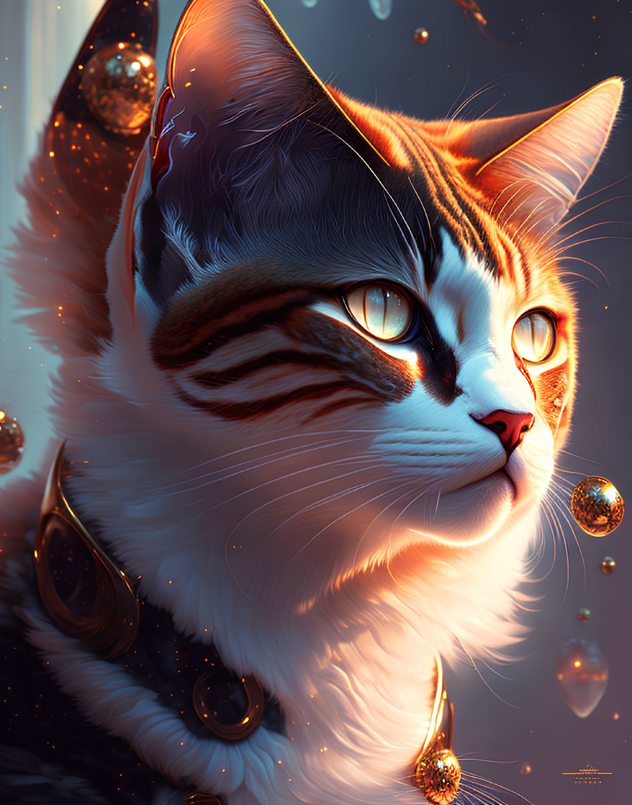 Stylized cat with glowing eyes in twilight sky with shimmering bubbles