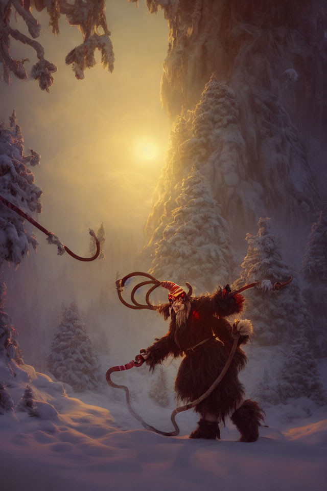 Mystical creature with long horns in snowy forest at sunset