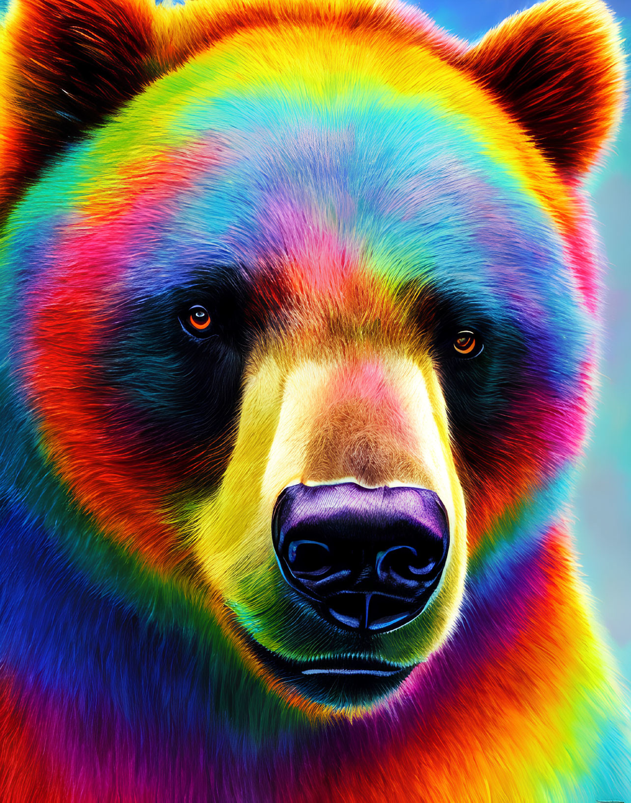 Colorful Digital Artwork of Bear's Face with Rainbow Fur