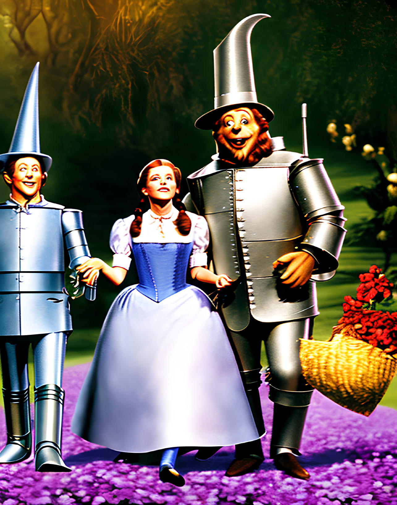 Fantastical illustration of Dorothy with Tin Man and Scarecrow on yellow brick road