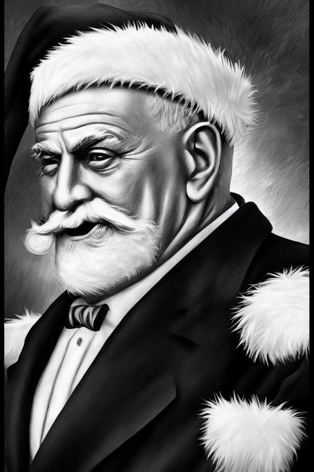 Monochrome illustration of stern man with white mustache and beard in Santa Claus-style coat