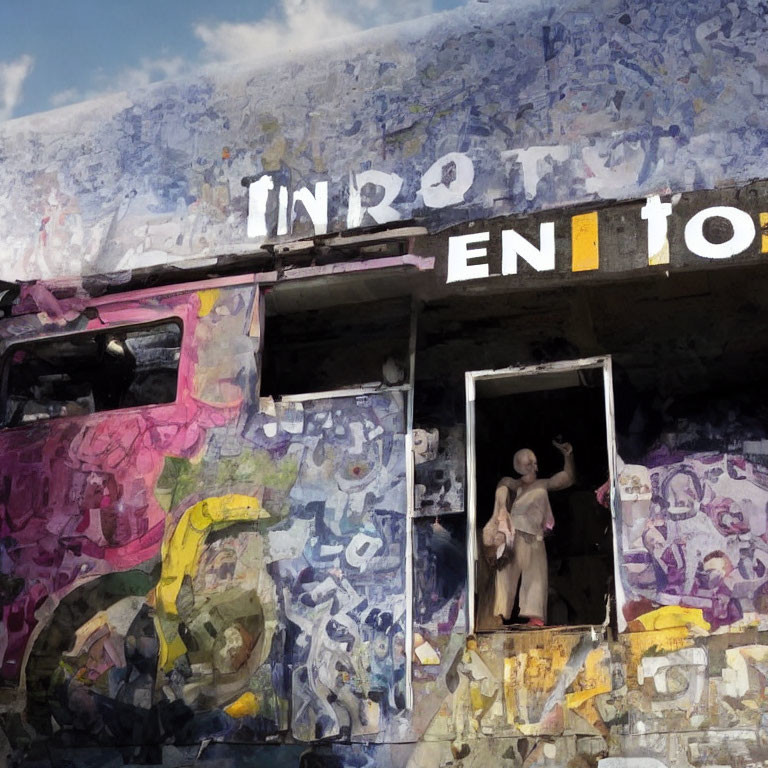 Abandoned bus covered in graffiti with figure in doorway under cloudy sky