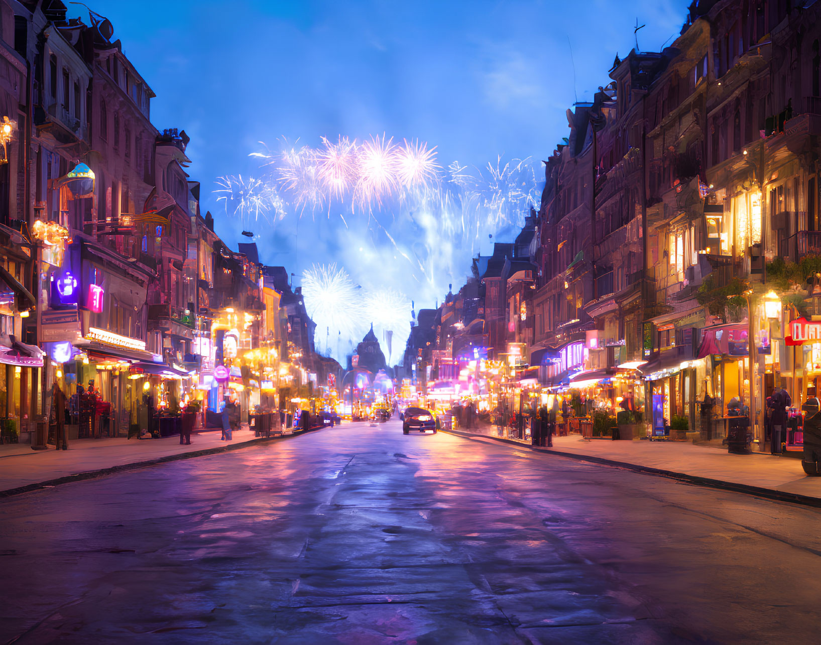 Twilight city street with neon signs and fireworks display