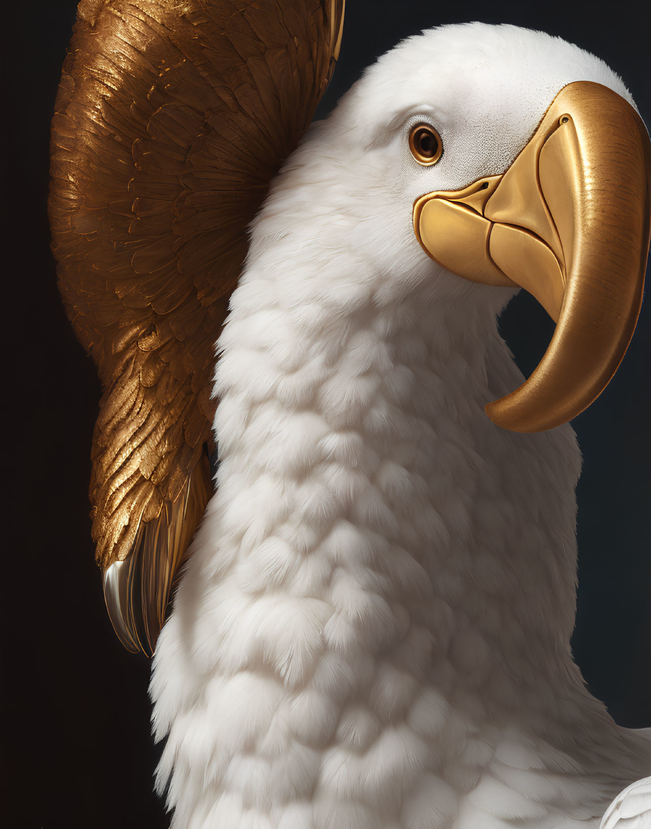 Fantastical eagle-like creature with golden beak on dark background