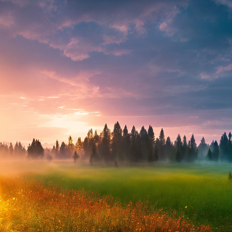 Misty meadow sunrise with wildflowers and pine tree silhouette