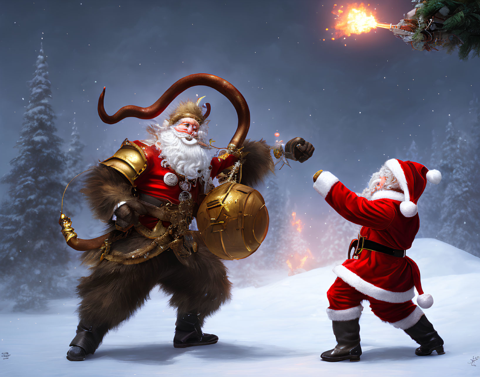 Two Santa Claus Figures in Snowy Setting: Traditional Red vs. Muscular with Horned Helmet &