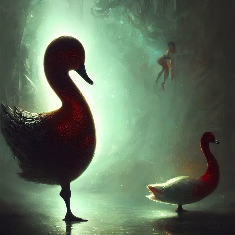 Fantastical scene featuring giant duck, soft glow, and ethereal human silhouette