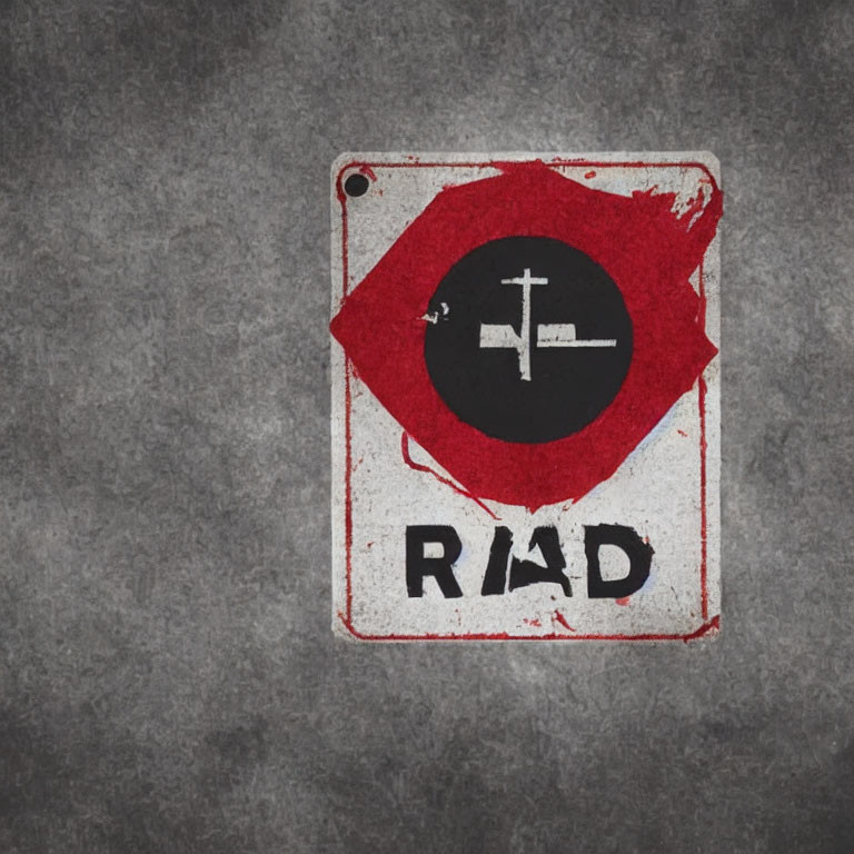 Square weathered sign with red overlay and "RAD" letters on gray background