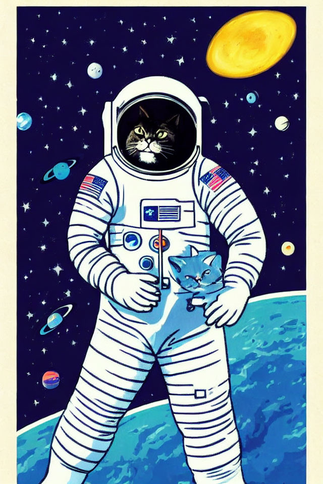 Illustration of cat in astronaut suit holding kitten with space backdrop