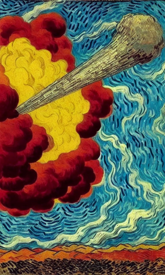 Illustration of massive explosion with red and yellow clouds in blue sky above brown landscape